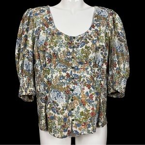 Anthropologie Cotton Floral Bohemian Button Down Puff Sleeve Smocked Top XL